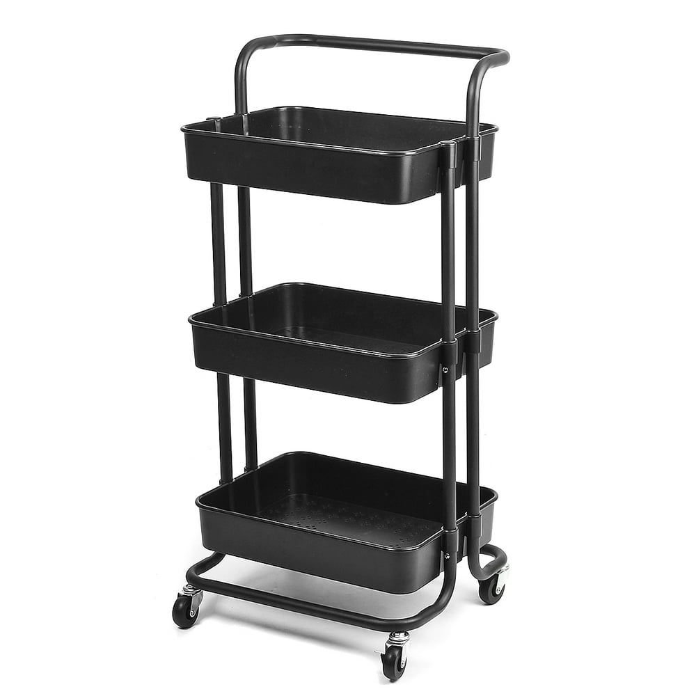 3Tier Iron Metal Trolley Rolling Utility Cart Rack with Handle Storage