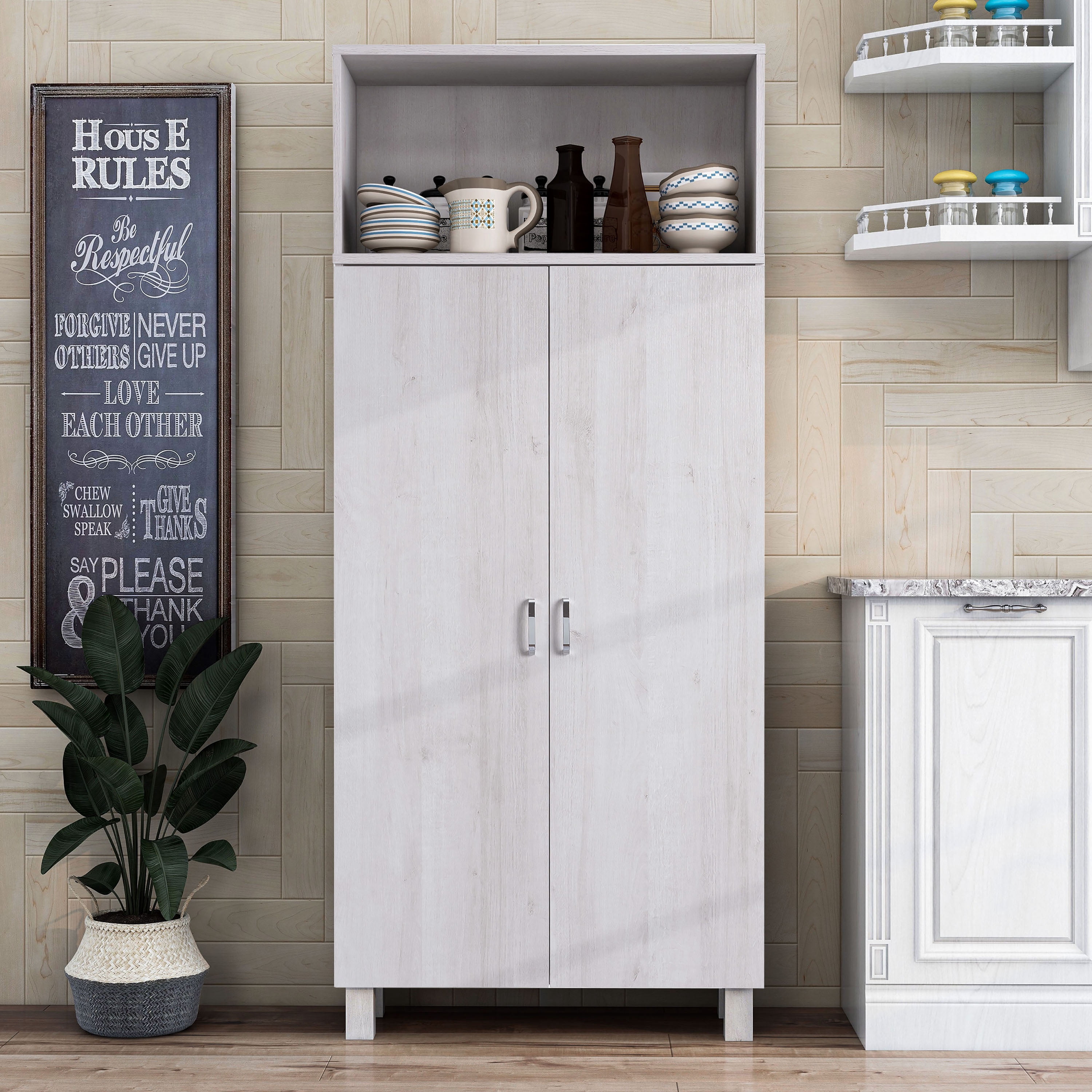 Furniture of America Audie Wood 5-Shelf Pantry Cabinet, White Oak