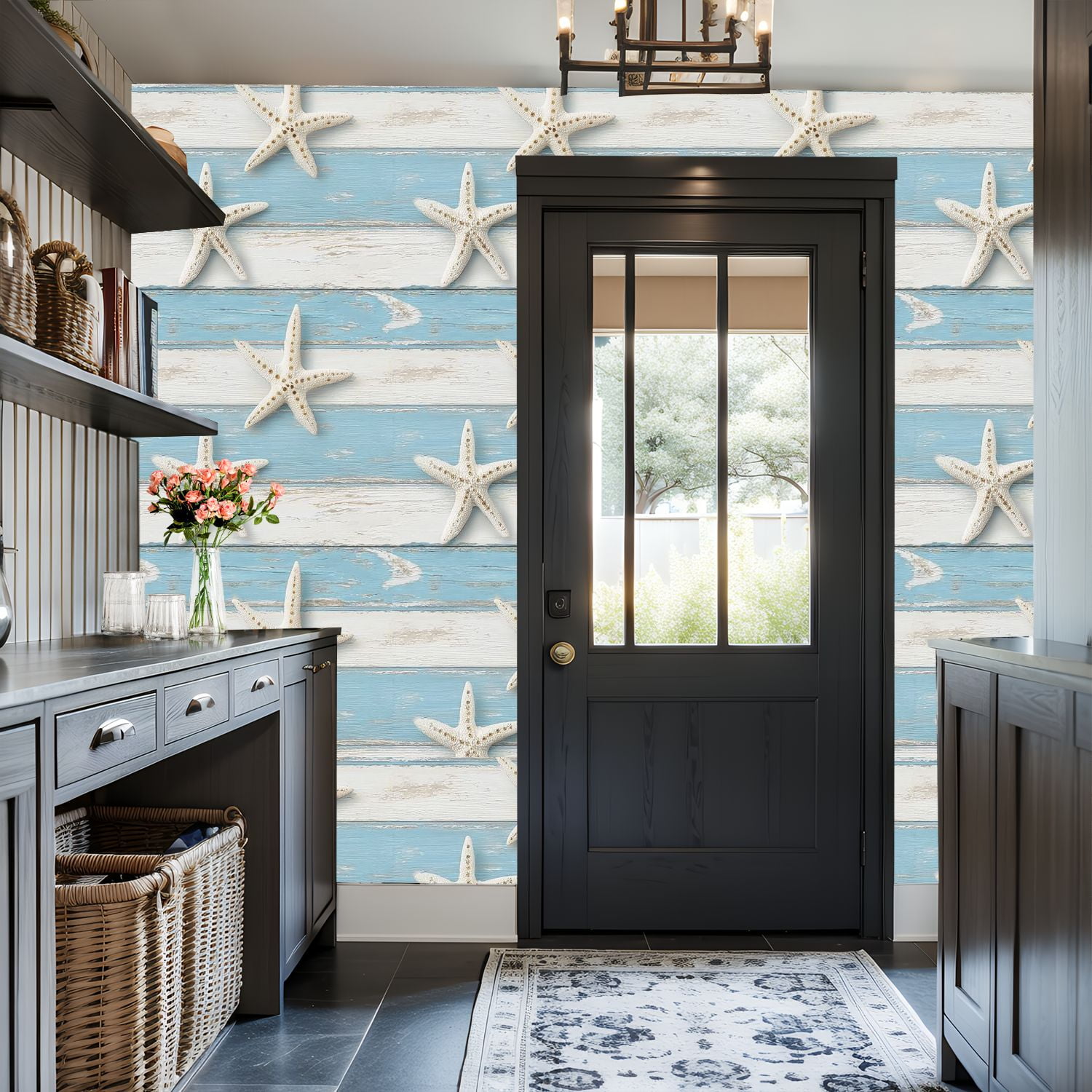 Coastal Peel and Stick Wallpaper Starfish Wooden Blue White Beach Style Contact Paper 17.7in x 9.8ft Wallpaper Removable Self Adhesive Wall Paper for Bedroom