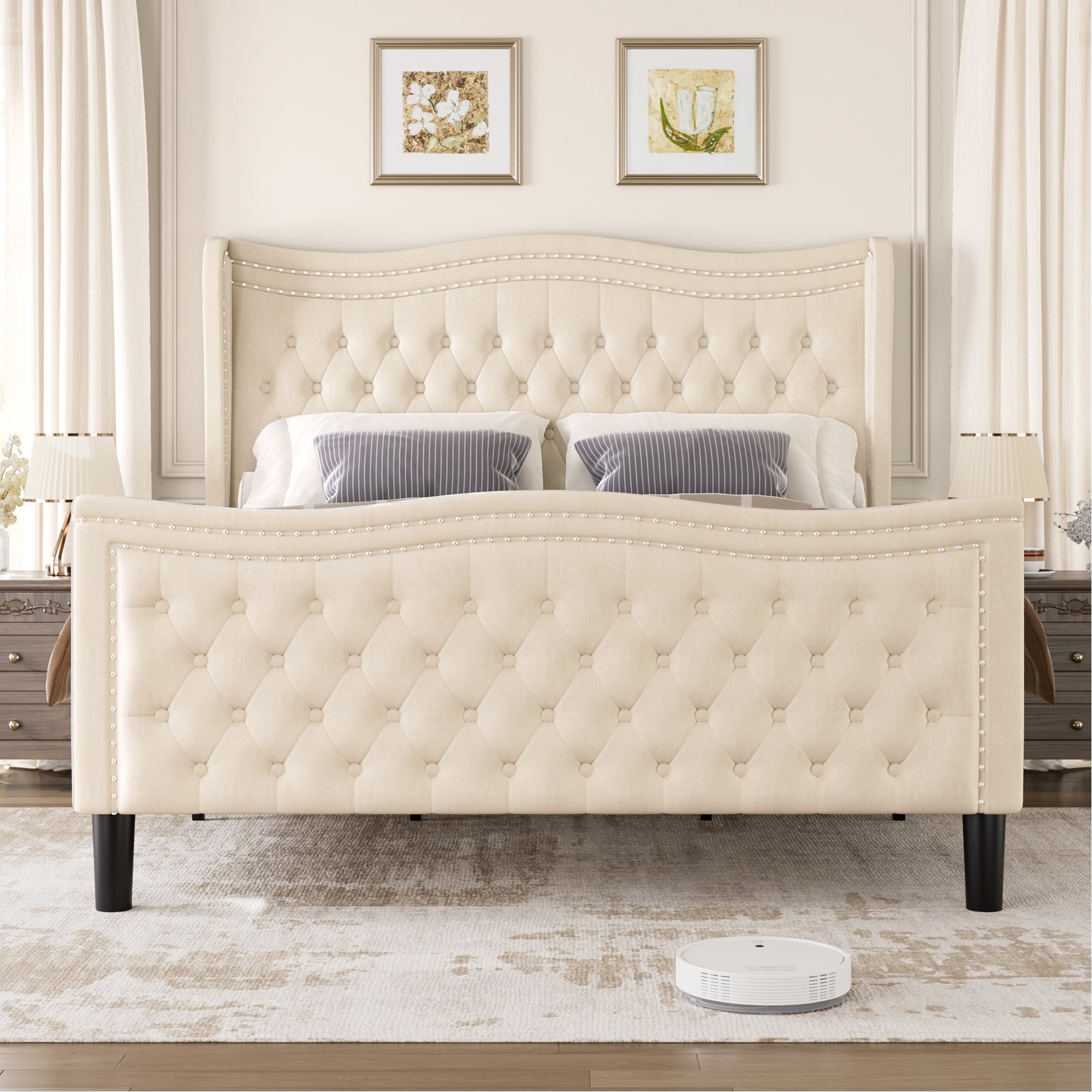 Gewnee Full Bed Frame with 52" Tall Headboard Velvet Upholstered Wingback & Rivet Decor Platform Bed Frame, Beige