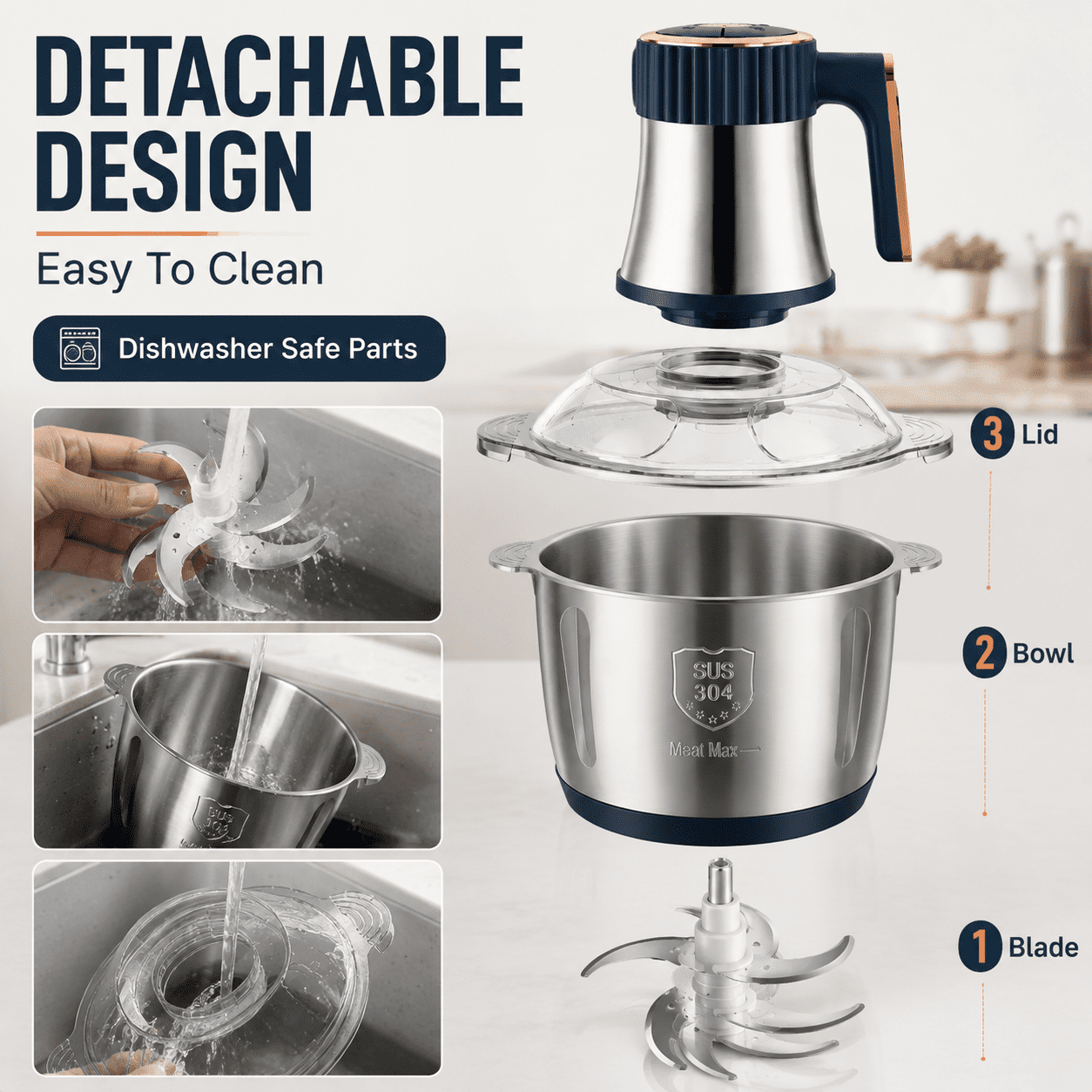 5L Stainless Steel Meat Chopper, 500W Electric Food Processor with 6-Layer Blade System, Large Capacity Meat Grinder for Meat, Vegetables, Garlic, Nuts and Family Meal Prep