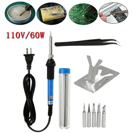 60W 110V DIY Soldering Iron Kit +5 Replaceable Iron Tips With Stand Electric Welding Starter Tool Set Adjustable