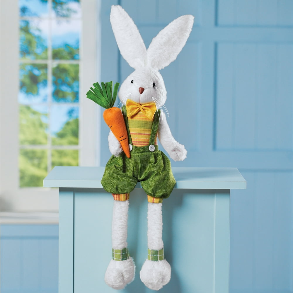 Easter Bunny Figurine Sitter with Dangling Legs & Floral Accents