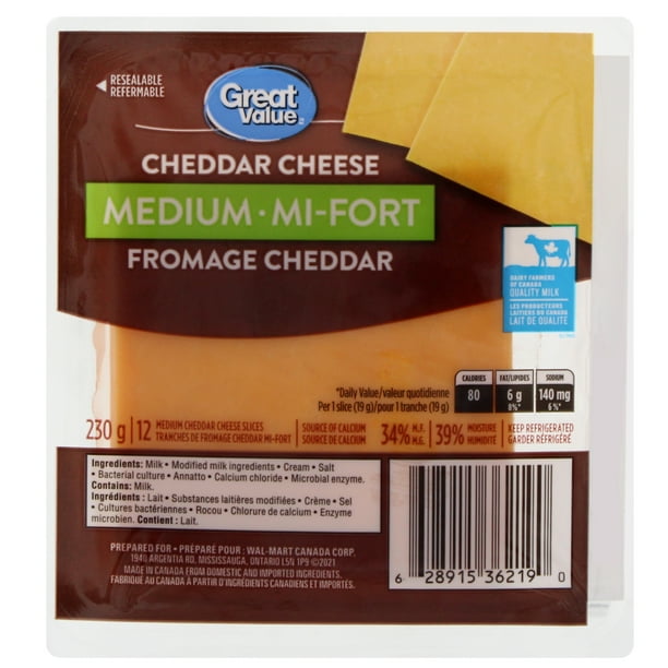Great Value Medium Cheddar Cheese Slices, 230 g, 12 Slices Walmart.ca