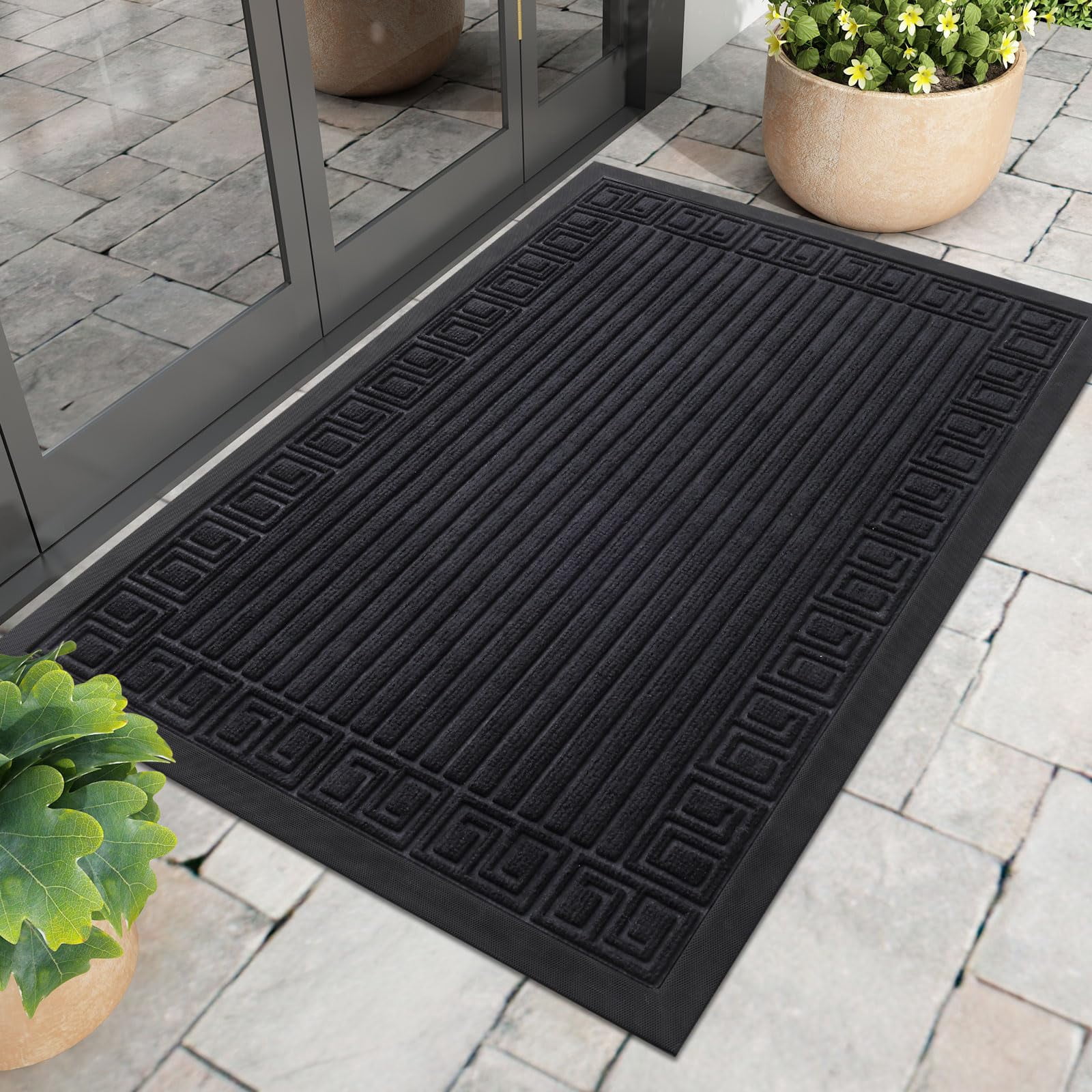 Buganda Outdoor Doormats, Heavy-duty Rubber Door Mats, Absorbs Moisture and Dirt Outdoor Mats, Low Profile Mats for Entry, 30"x17", Black