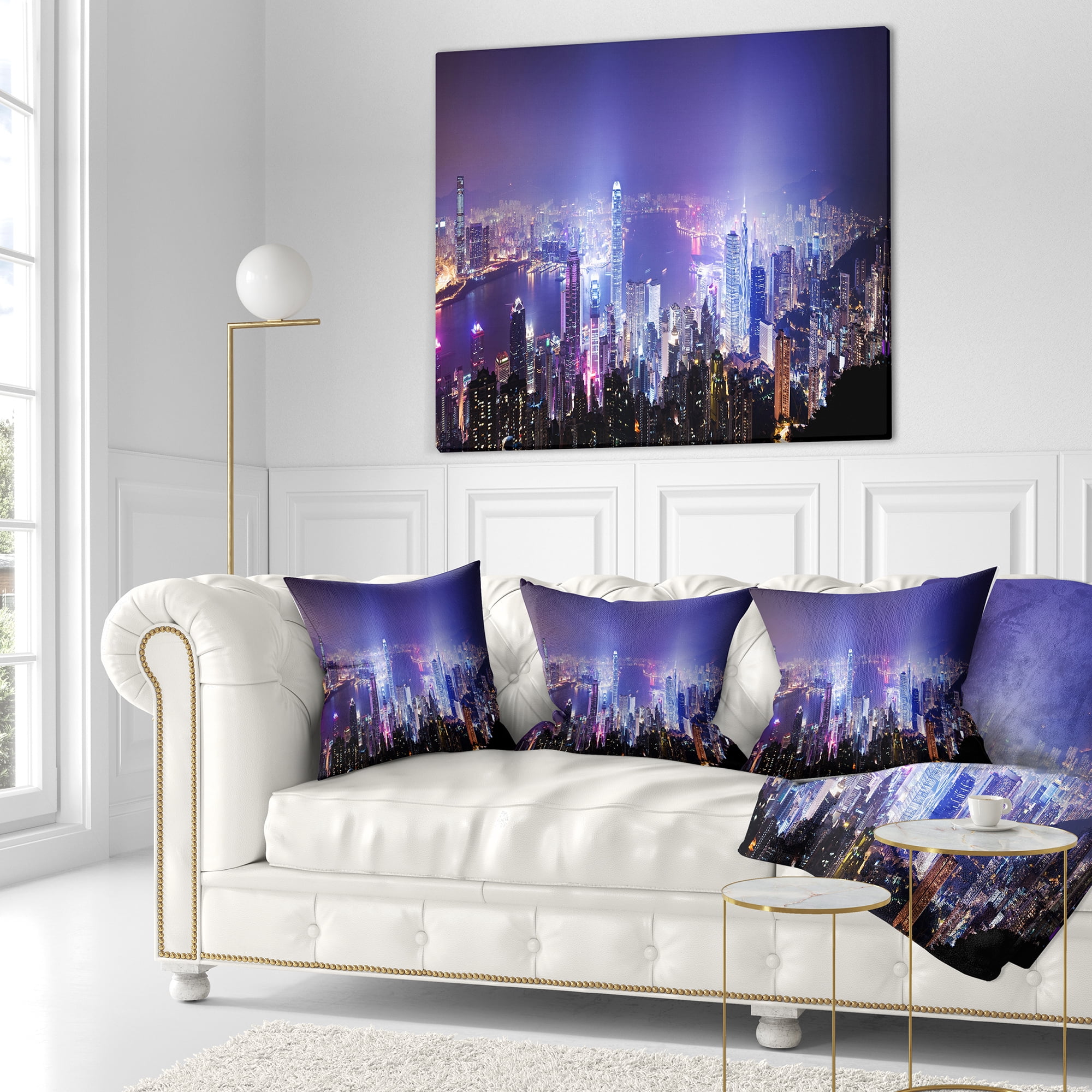 Designart Hong Kong Night City - Cityscape Photo Throw Pillow - 16x16