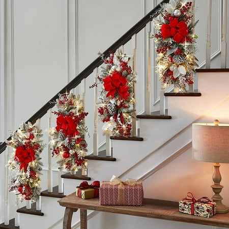 

Jzenzero Christmas Teardrop Swag Battery Operated Light with Hanging Ring for Stairs Door Fireplace-Red