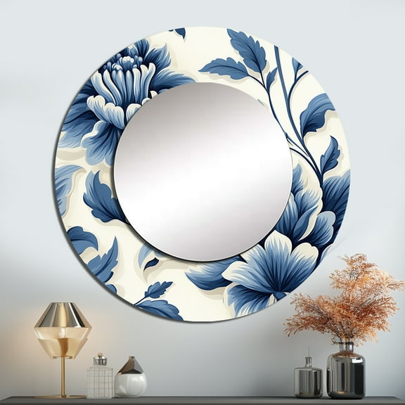 Designart "Serene Oceanic Floral Damask I" Damask Round Mirror Wall Decor Bohemian - Large Gray Round Bathroom Mirror - Round Mirror - 23" x 23"
