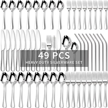 Kikcoin Silverware Set for 8, 49 Pcs Stainless Steel Flatware Set, Mirror Polished Tableware Cutlery for Home, Restaurant, Dishwasher Safe