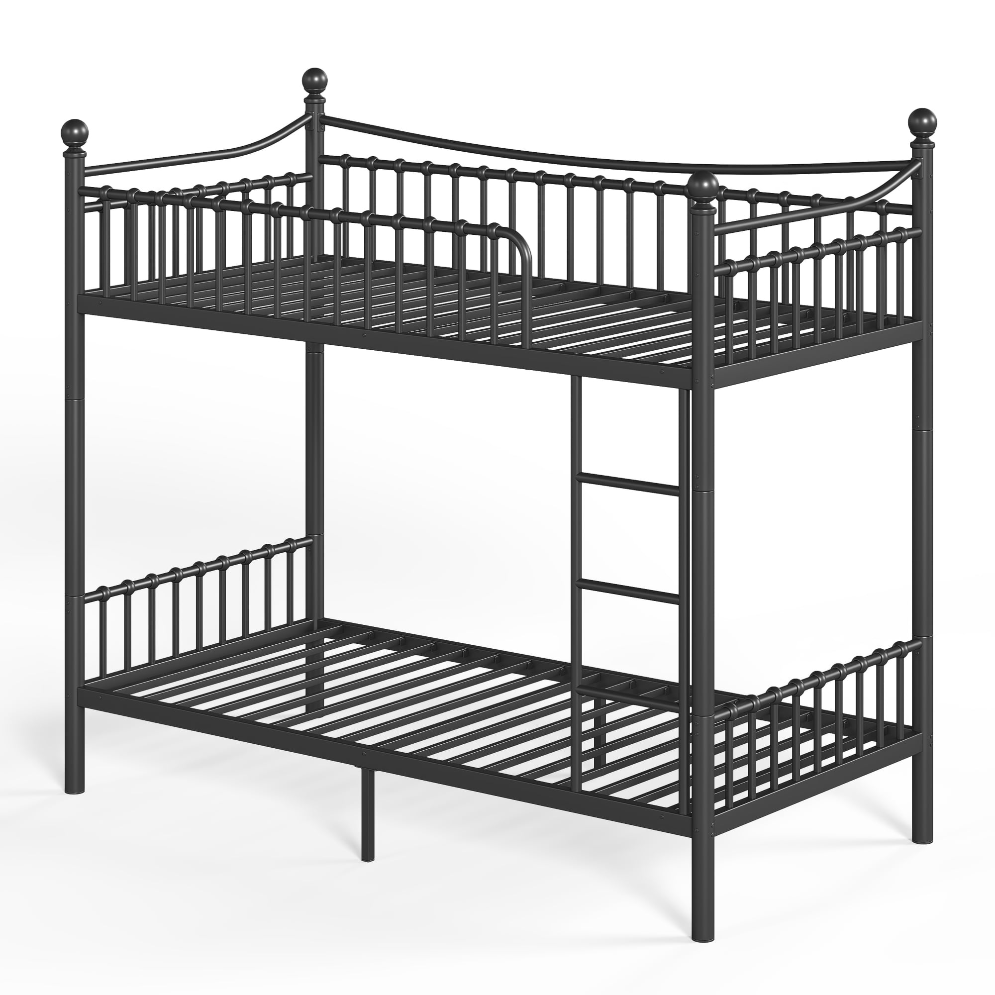 Leumius Twin XL over Twin XL Metal Bunk Bed with Unique Curved Guardrail Design, Round Tube Bunk Bed Frame, Metal Bunk Bed Frame for Kids Teens Adults Black