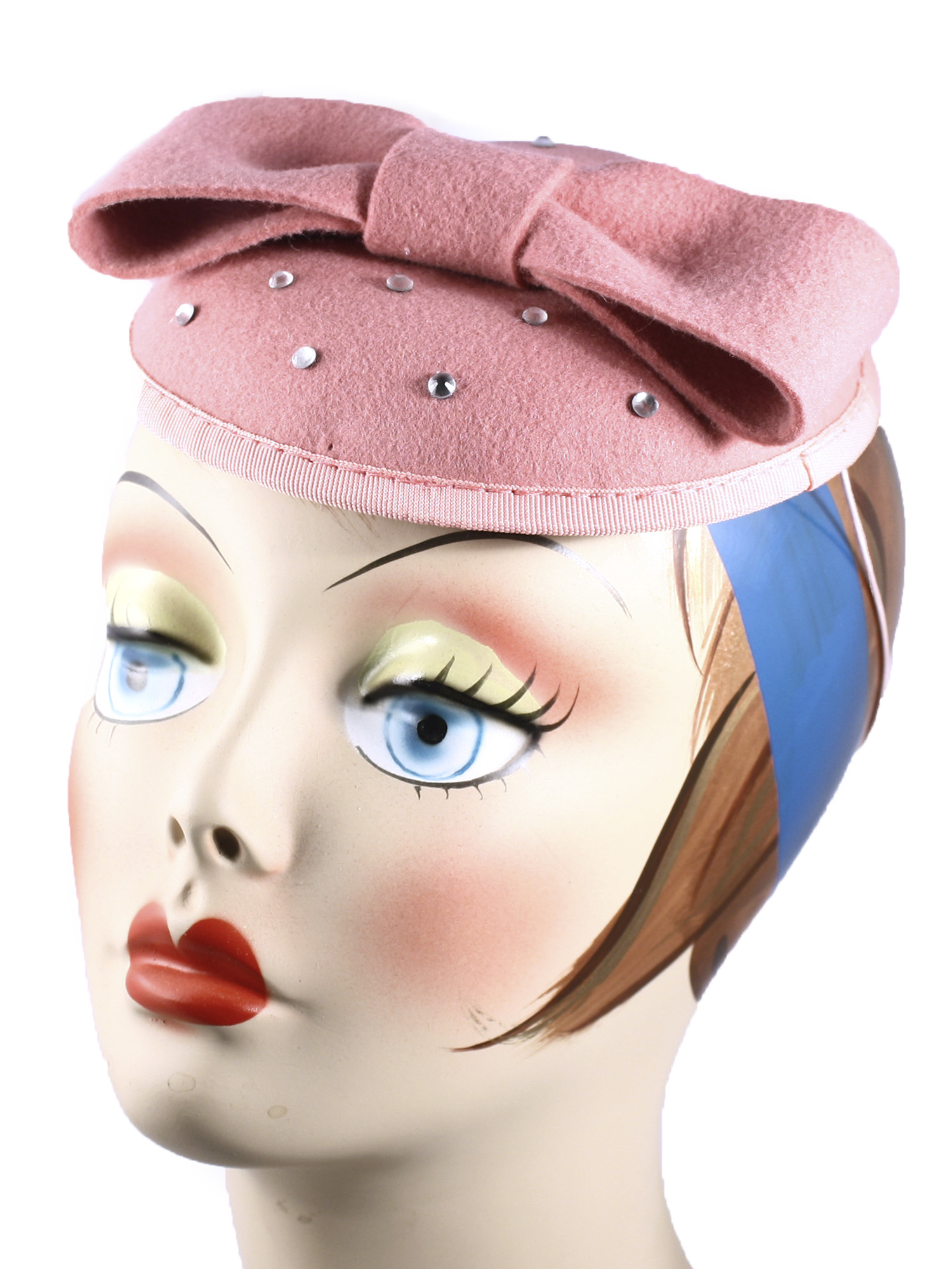 Pink Pillbox Fascinator Hat w Bow & Rhinestones - Retro 