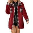 thumbnail image 3 of Women Fleece Button Down Plaid Long Coat Lapel Hooded Fleece Lined Jacket Fashion Color Block Tops Wine Red XXL, 3 of 8