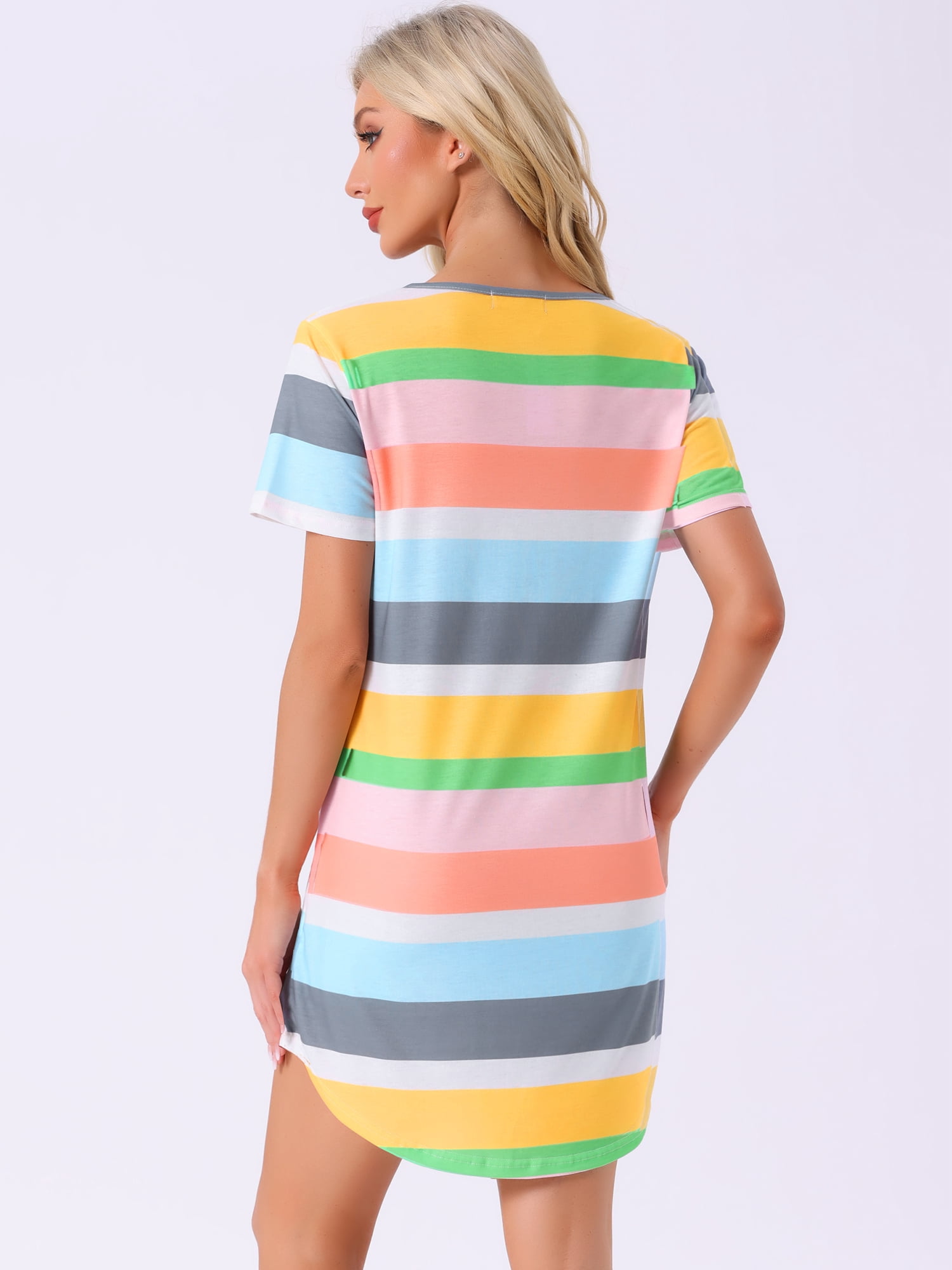 DARING DIVA Women's Colorful Striped Short Sleeve Nightgown S Green