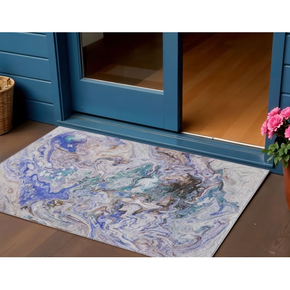 HomeRoots 577950 3 x 5 ft. Abstract Washable Indoor & Outdoor Rectangle Area Rug, Beige, Blue & Taupe