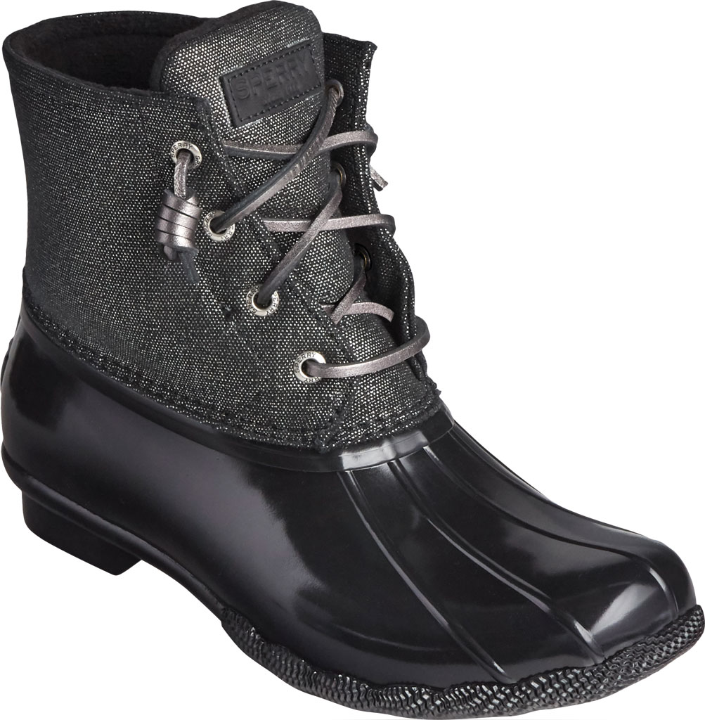 Women s Sperry Top Sider Saltwater Sparkle Textile Duck Boot Black Silver Textile Rubber 5 M Walmart