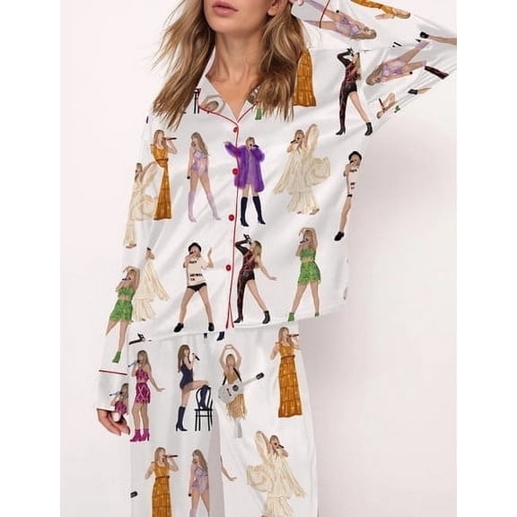 Music Life Silky Pajamas for Women Long Sleeve Matching Pajama Set 2 Pieces Nightwear with Side Pockets White L