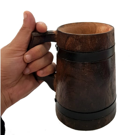 Vintage Handmade Brown Wooden Rustic Beer Mug Metal Strap Viking Wood Stein Kitchen and Home Decor
