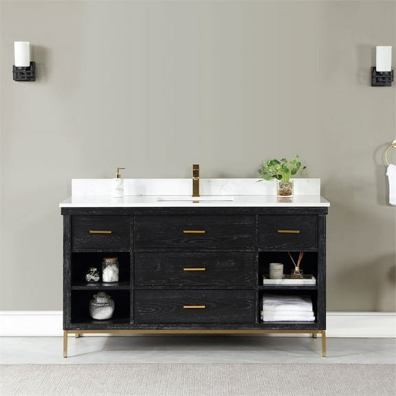Kesia 60" Single Bathroom Vanity Set in Black Oak with Aosta White Composite Stone Countertop with Mirror