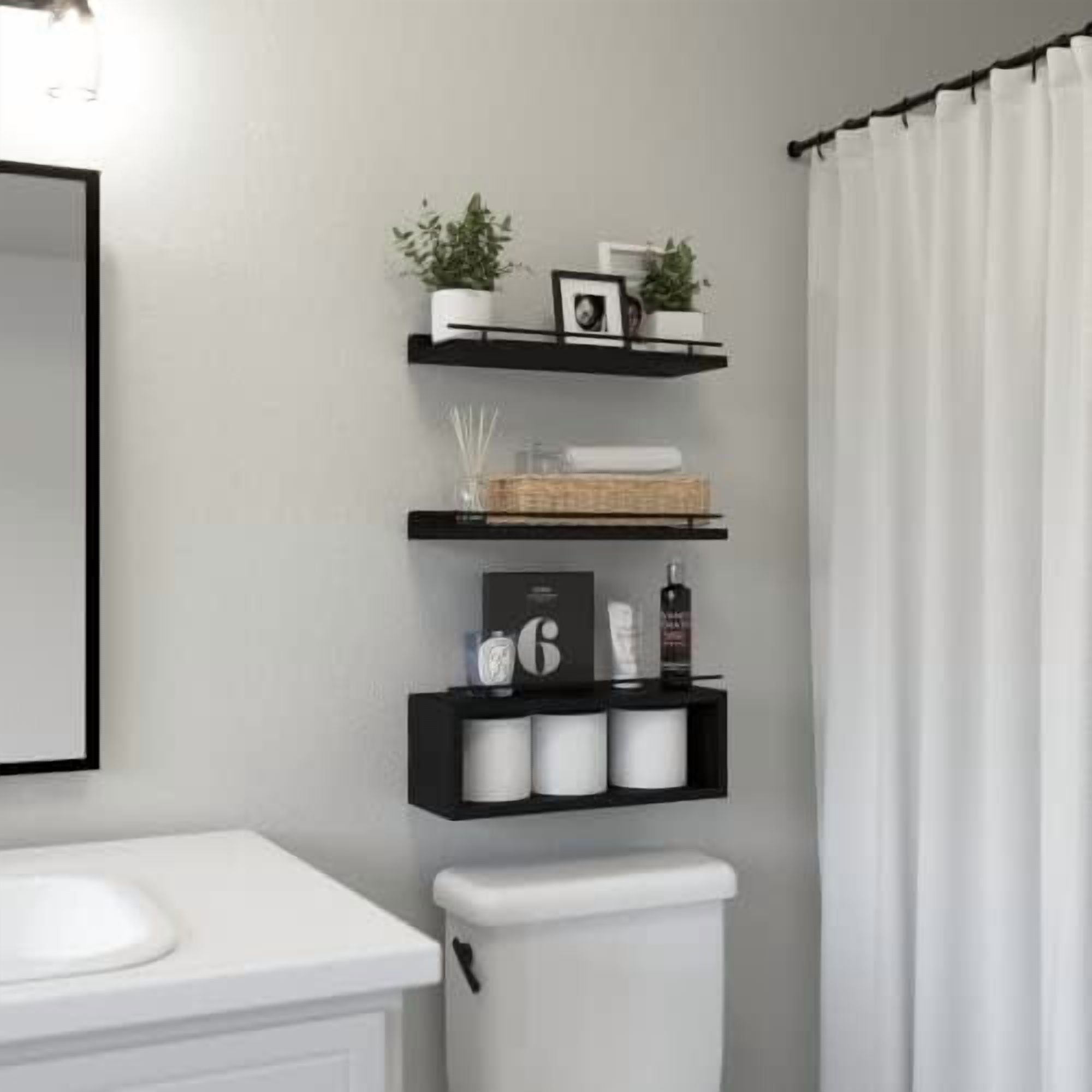 Floating Shelves for Wall with Cube Shelf, Wall Shelves with Metal Rail for Bathroom Decor, Bathroom Organizers and Storage, Over Toilet Shelves for Toilet Paper-Black