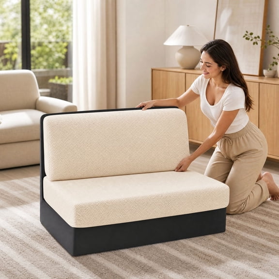 Loveseat Cushion Slipcover, 2 Piece Armless Loveseat Cushion Cover Set with Backrest Cover, Beige
