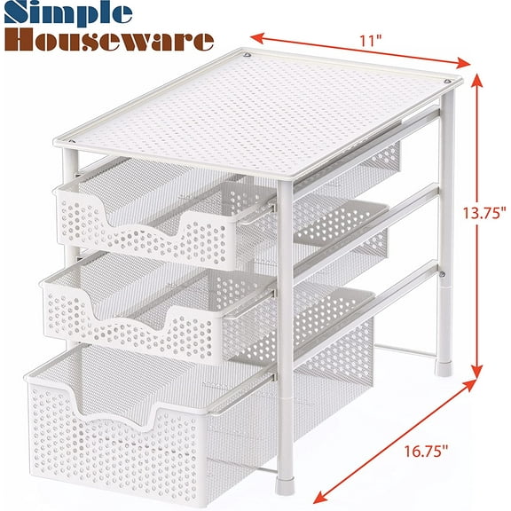 3 Tier White Alloy Steel Sliding Basket Organizer Drawer Cabinet - Space Saver for Kitchen, Office & Bathroom