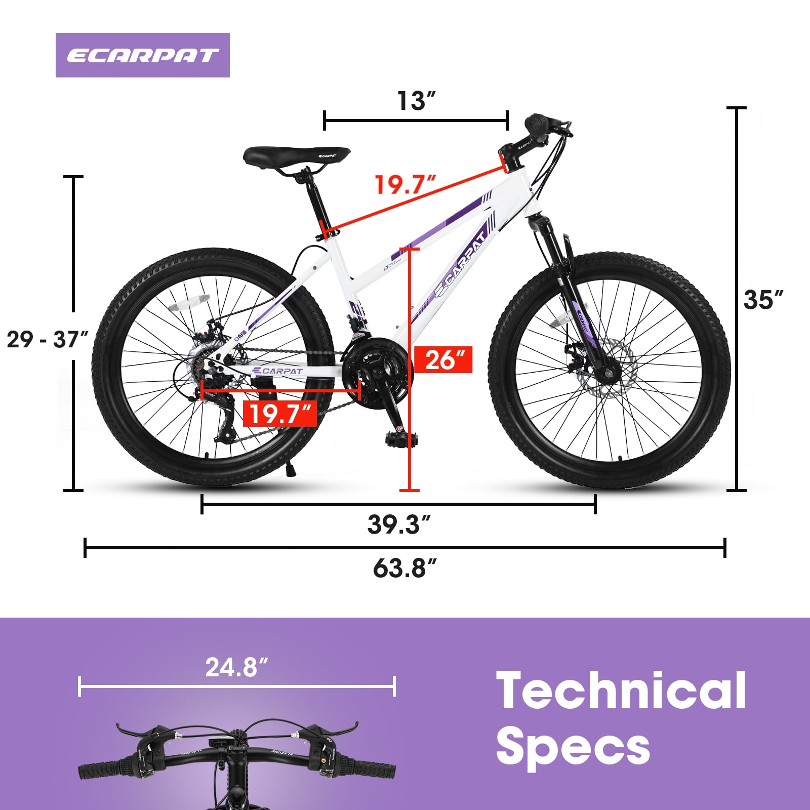 Women's Mountain Bike 24 Inch Wheels, 21-Speed Trail Commuter City Mountain Bikes, Carbon Steel Frame Female Bicycles Disc Brakes Front Fork, White