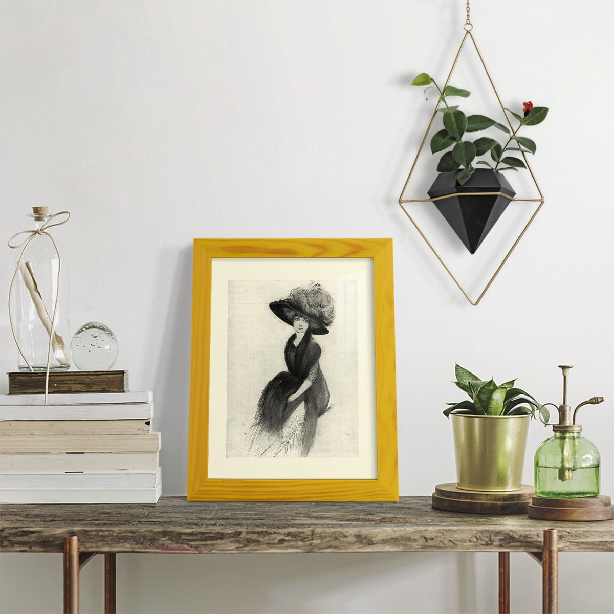 Feather Hat II -Framed Print w/glass-Sunflower Yellow
