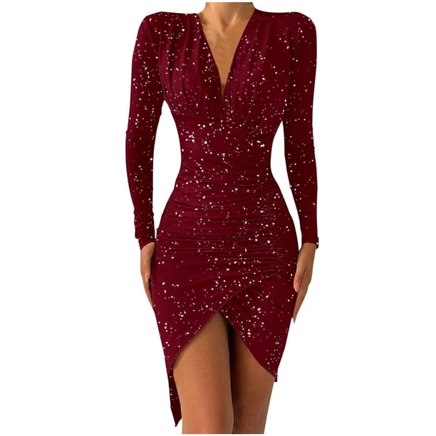 Moda mujer Sexy Casual nalgas cuello en V sólido largo Leeve Mini vestido Fridja NMB5080