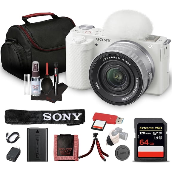 Sony ZV-E10 Mirrorless Camera with 16-50mm II Power Zoom Lens, White, 64GB Card, Camera Bag, Card Reader and Flex Tripod