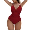thumbnail image 2 of One Piece Swimsuits for Women Ruched Tummy Control Monokini Halter V Neck Backless Bathing Suits Flattering Slimming One Piece Suits, 2 of 3