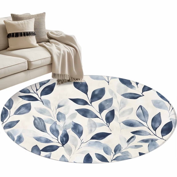 Navy Blue Botanical Large Area Rugs for Bedroom Living Room, Soft Non Slip Carpet Bedside Rug, Pastoral Spring Leaves Watercolor Round Floor Cover Kitchen Accent Rug 3' for Dining Room/Office