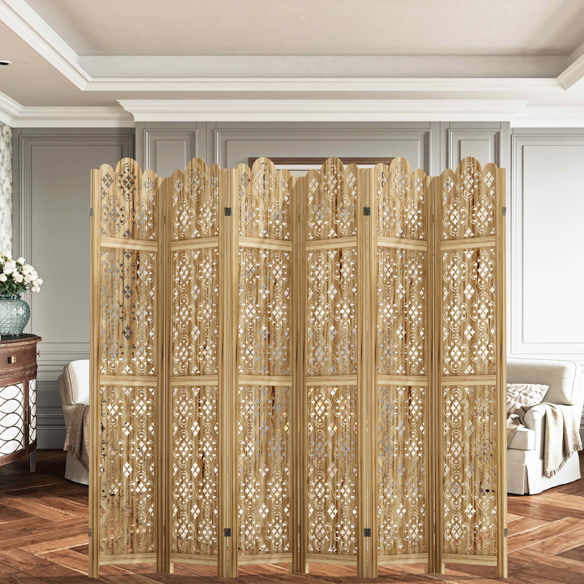 MAYEERTY 95x1x67 Inch Natural Charcoal Coin Wooden Folding Privacy Screen, 6 Panel Set for Home & Patio