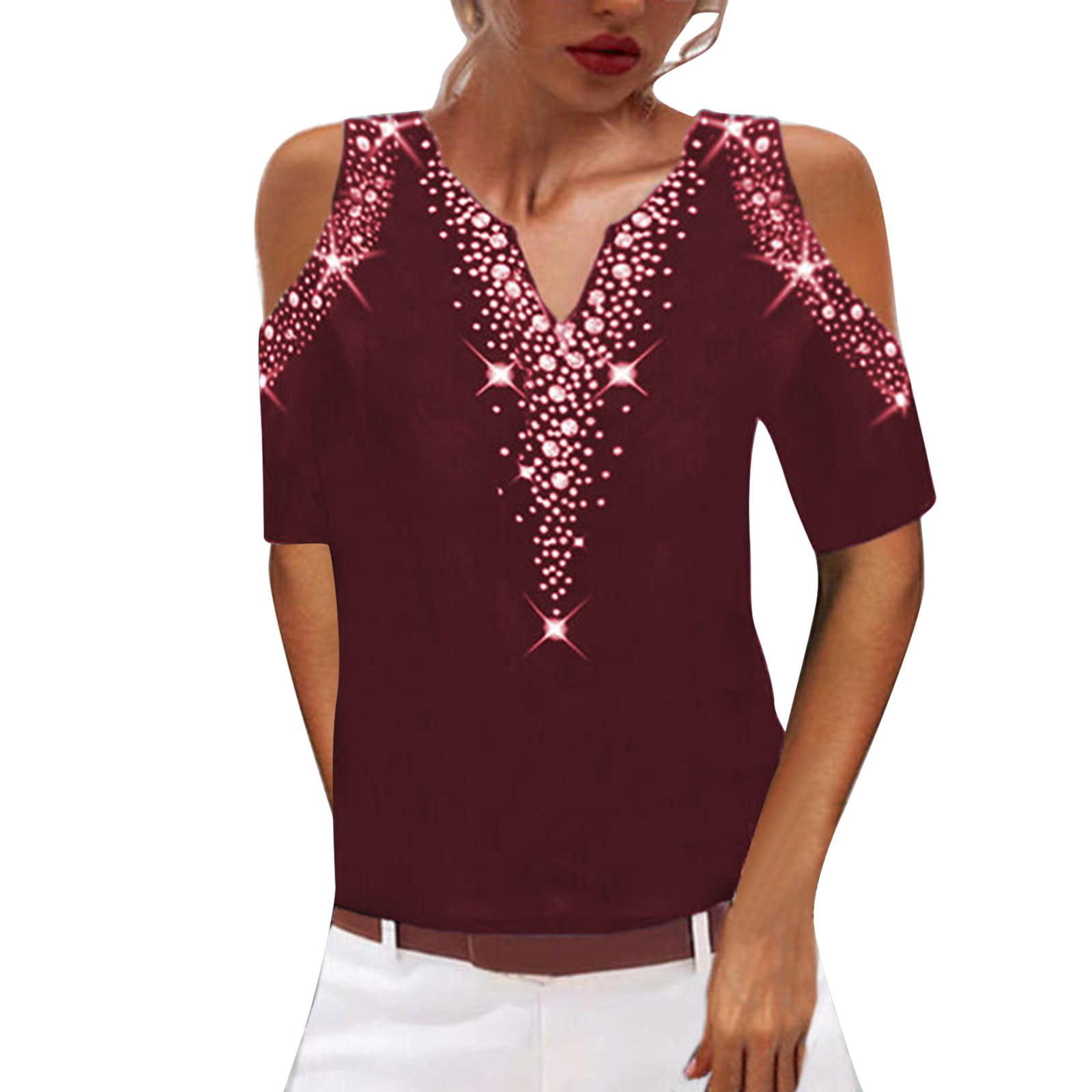 Womens Cold Shoulder Short Sleeve Loose V Neck Print Tee Casual T-Shirt Tops 