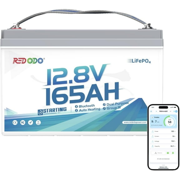 Redodo 12V 165Ah Dual Purpose Bluetooth Lithium Battery, 2112Wh, 1200CCA Group 31 Marine Starting Battery with Self Heating, IP67 Waterproof
