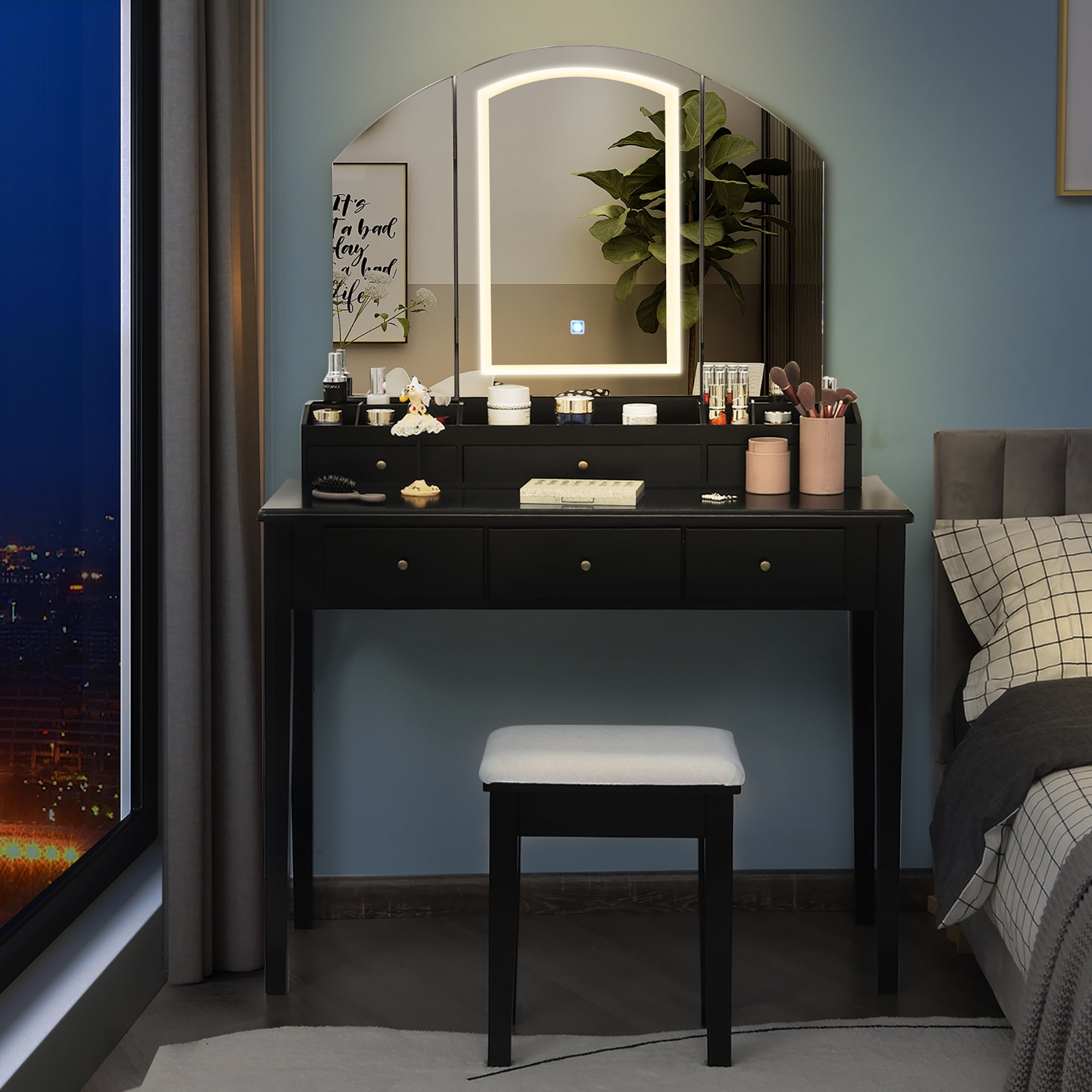 Costway Vanity Dressing Table with Stool, Flip-Top Makeup Desk