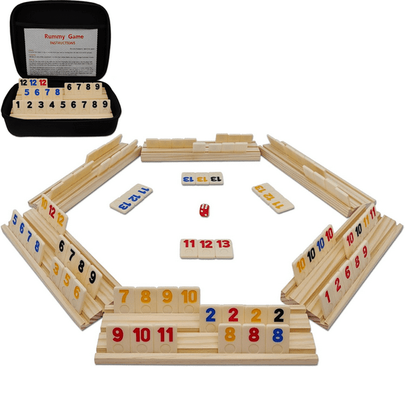 Lindbes Rummy Cube with 6 Wooden Racks Trays and Storage Case 106 Rummy Tiles Travel Set Family Classic Board Games for 6 Players