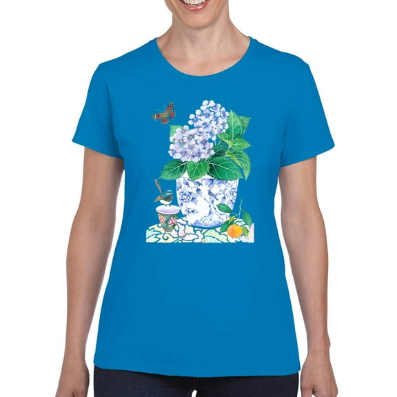 Artshine Hydrangeas And Teal T-Shirt Women -Gabby Malpas Designs, Female Medium
