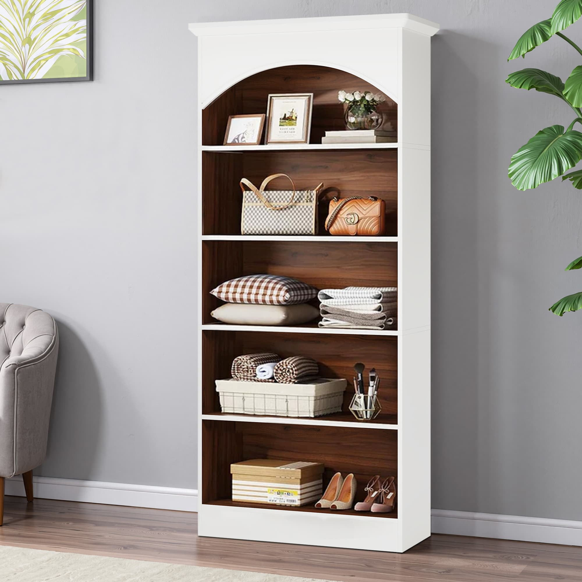 MAYEERTY 70.9" 5-Tier Tall Storage Bookcase, Waterproof Melamine Particleboard Display Shelf with Anti-Tip Accessories