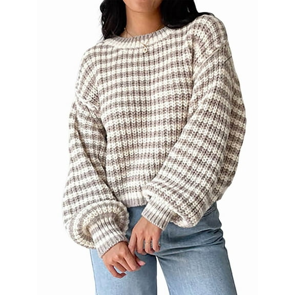 Women'S Vintage Striped Sweater Crew Neck Long Sleeve Cropped Color Block Casual Loose Knit Pullover Top Khaki XL