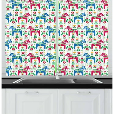 Ambesonne Horses Kitchen Curtains, Dalecarlian Motif Floral, 55"x39", Multicolor