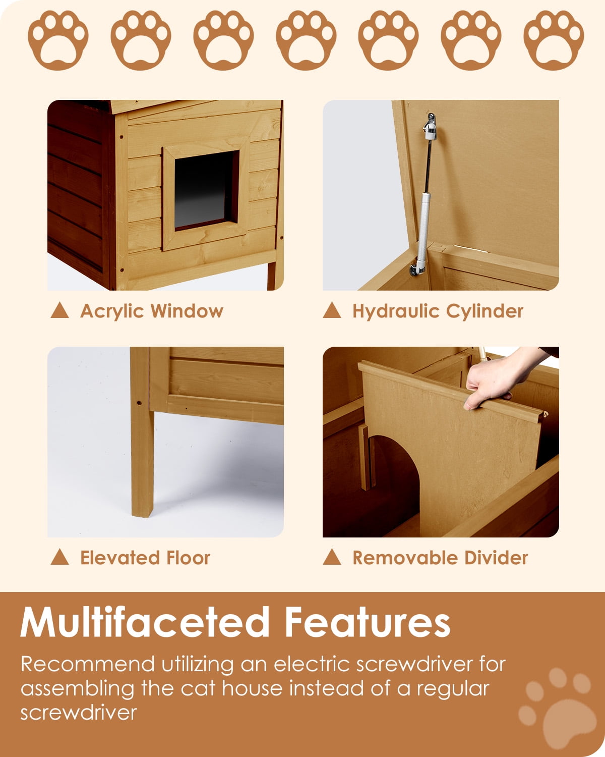 FURRYFECTION Outdoor-Cat-House, Large Wooden Weatherproof Pet House for Multiple Cats with fold-up Stair & Visible Side Window