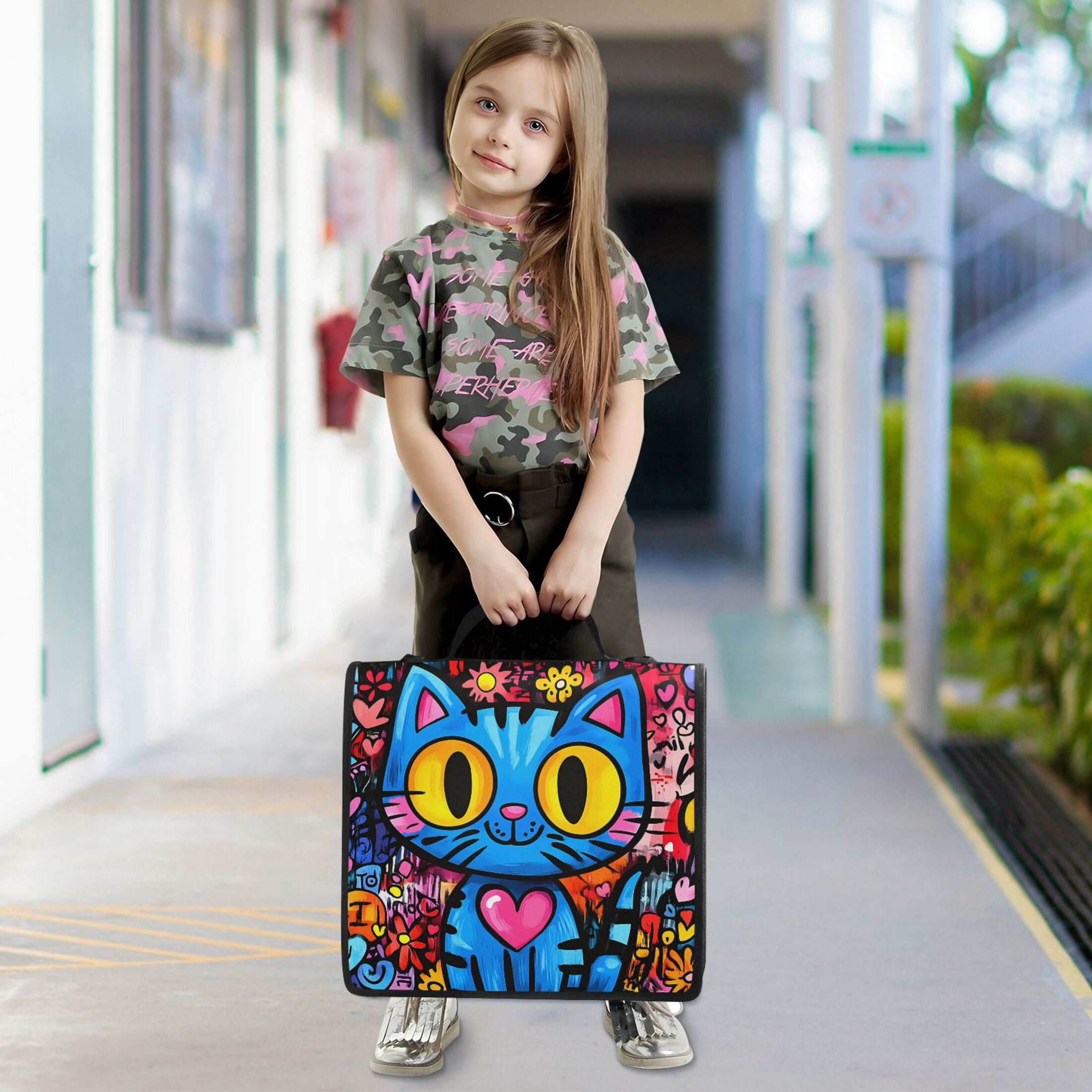 3 Ring Zipper Binder with Shoulder Strap Waterproof Trapper Keeper 2 Inch D-Ring 500 Sheets Capacity Cartoon Graffiti Cat