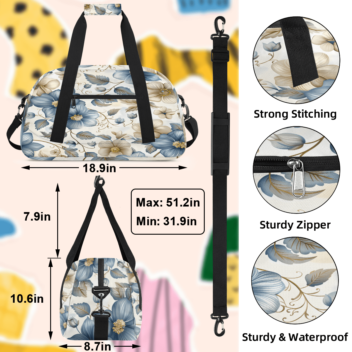 Herdesigns Boho Floral Sports Duffle Bag for Women & Men, Beige Blue Grey White Flower Gym Bag Dance Bag Overnight Bag Carry On Weekender Travel Bag