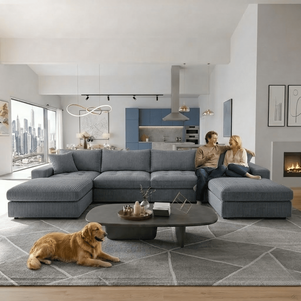 Howcool Cloud Couch Modular Sectional Sofa 6 Seat 134" U Shaped Convertible Couch Corduroy Thick Cushion with 2 Storage Ottomans and Toss Pillows Washable Removable Cover for Living Room,Dark Grey
