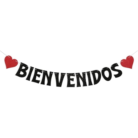 Bienvenidos Banner - Bienvenidos a Casa Sign, Spanish Welcome Bunting Sign, Fiesta Mexican Welcoem Home Party Decorations Black Glitter