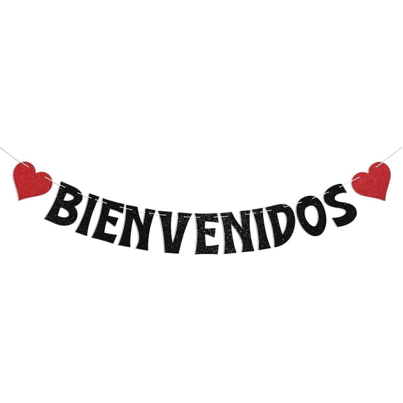Bienvenidos Banner - Bienvenidos a Casa Sign, Spanish Welcome Bunting Sign, Fiesta Mexican Welcoem Home Party Decorations Black Glitter