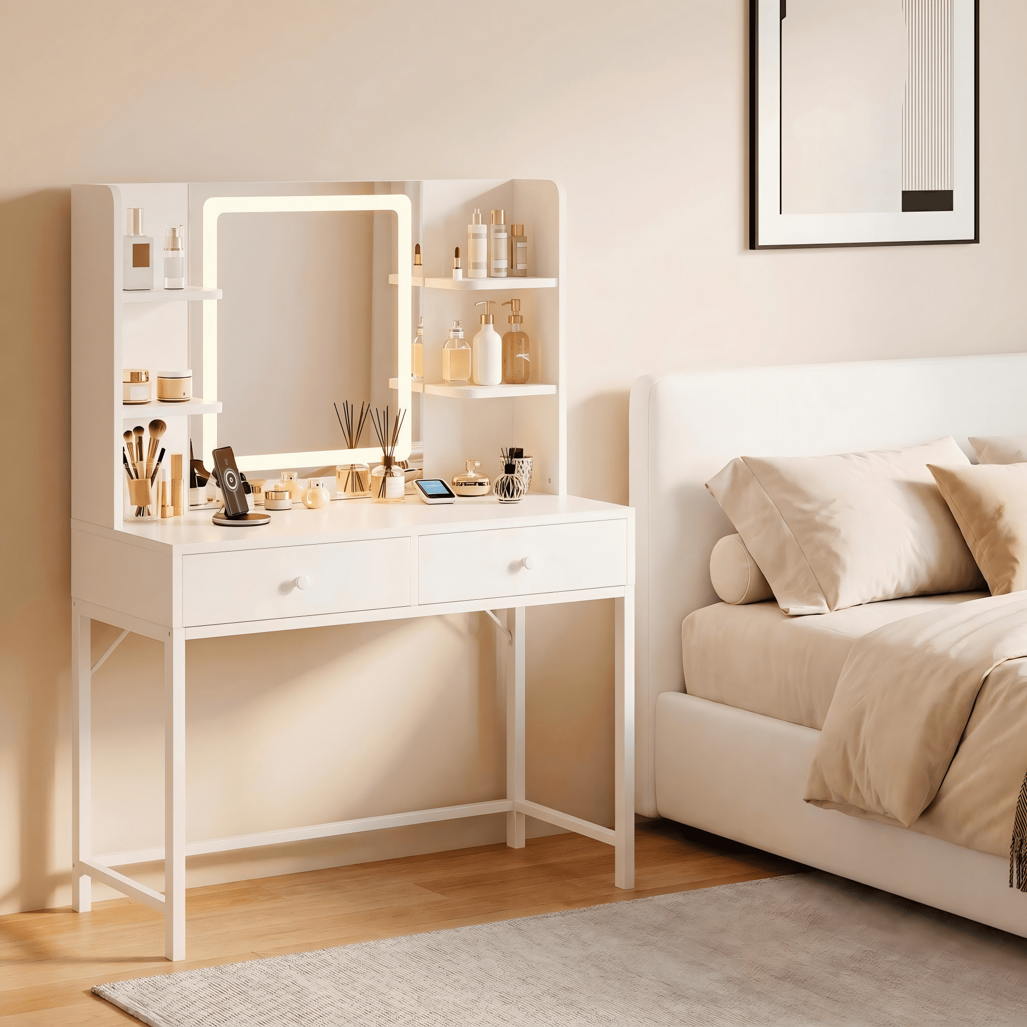 Lofka White Makeup Vanity Desk, LED Lighted Mirror Vanity Table with Adjustable Light, Storage Drawers & 4 Open Shelves for Bedroom