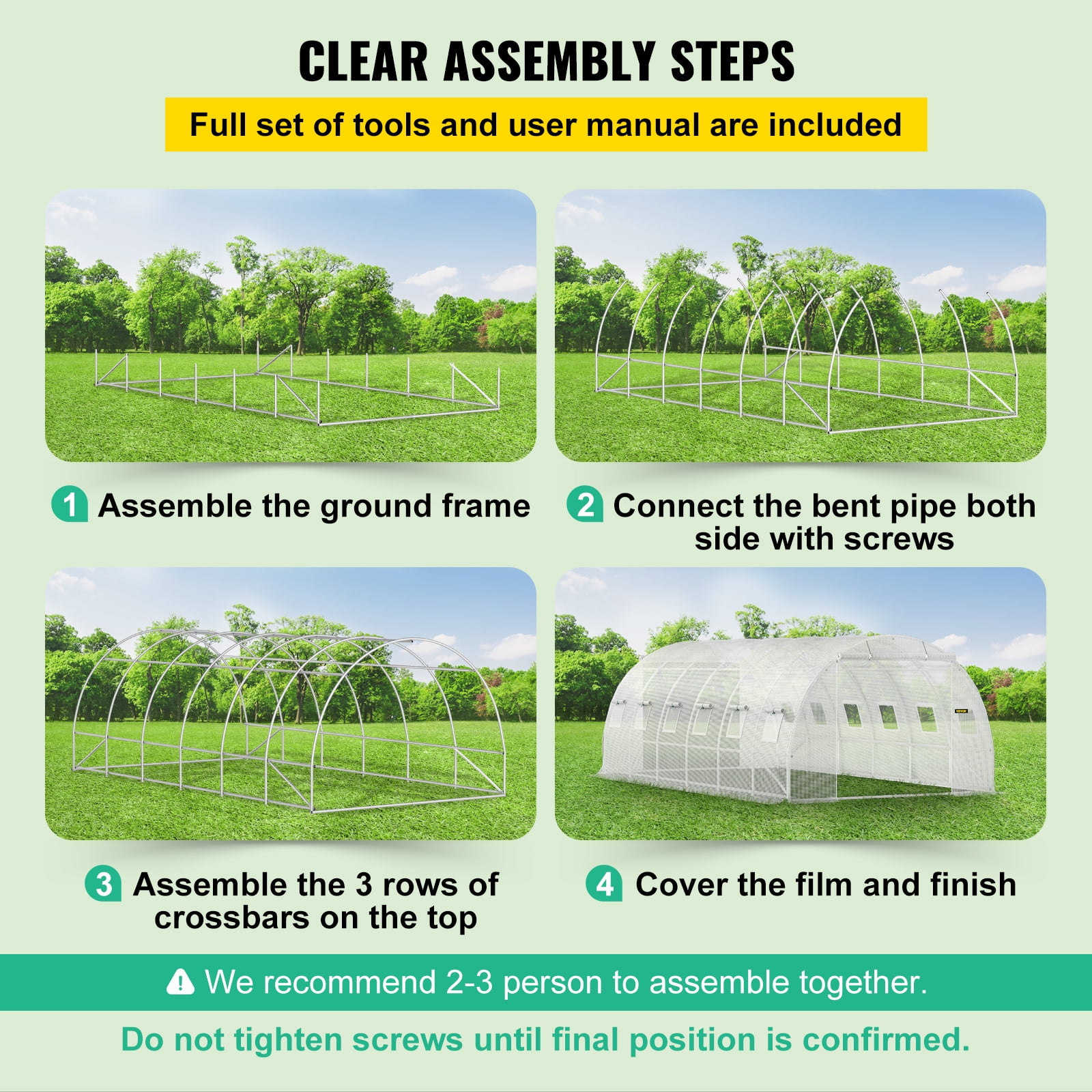 VEVORbrand Walk-in Tunnel Greenhouse, 20 x 10 x 7 ft Portable Plant Hot House w/ Galvanized Steel Hoops, 3 Top Beams, Diagonal Poles, 2 Zippered Doors & 12 Roll-up Windows, White