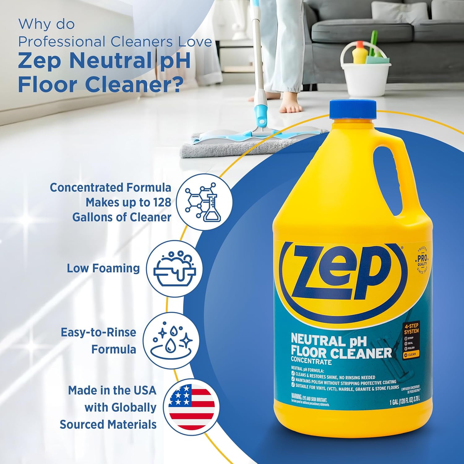 Zep Concentrated Neutral pH Floor Cleaner - 1 Gallon (Case of 4) ZUNEUT128 - Safe for Water-Friendly Surfaces