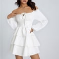 thumbnail image 7 of MDUKONU Women's Off The Shoulder Tiered Ruffle Dress - Women's Lace Up Front Long Sleeve Party Mini Dress White XXL, 7 of 7